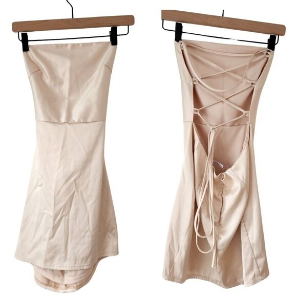Lucy in the Sky Lulu Satin Lace-Up Dress Champagne Gold Mini Cocktail Women's M - Picture 2 of 8